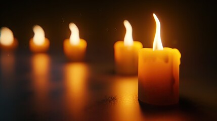 Poster - Row of burning candles with the first candle in sharp focus illuminated by warm orange light while others are softly blurred in the background