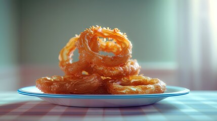 Aufkleber - Crispy golden onion rings stacked in a neat pile on a blue rimmed plate with soft natural light illuminating from the background on a checkered tablecloth