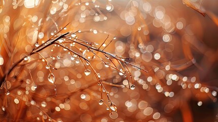Leinwandbilder - Delicate brown leaves adorned with glistening water droplets, blurred golden background, soft bokeh effect creates an ethereal atmosphere.