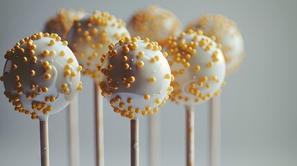 Poster - Delicious cake pops decorated with yellow sprinkles on wooden sticks arranged in a group against a soft gray background showcasing a festive treat.
