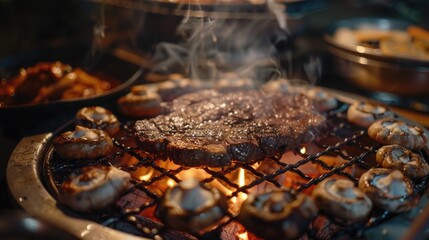 Poster - Sizzling Korean barbecue featuring grilled sirloin steak with shiitake mushrooms on a charcoal grill surrounded by smoke and glowing flames.