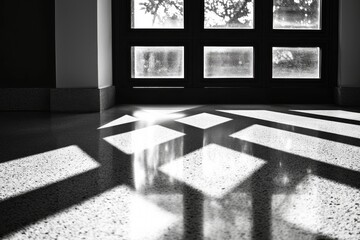 Poster - Monochrome image of sunlight streaming through a window onto a polished floor, creating a pattern of light and shadows in an empty room during daytime.