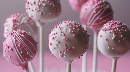 Poster - Pink and white cake pops on sticks with sprinkles arranged in a cluster against a soft pink background showcasing a delightful dessert presentation