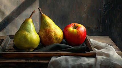 Poster - Fresh pears and a red apple arranged on a wooden tray with a black napkin, soft harsh light creating rich textures and vibrant colors.