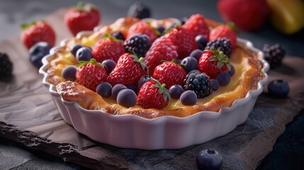 Aufkleber - Delicious fruit pudding clafoutis with fresh strawberries, blueberries, blackberries, and raspberries on a rustic stone background.