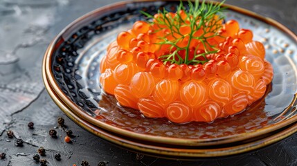 Aufkleber - Culinary elegance of vibrant orange roasted cod roe arranged in floral pattern on decorative plate with fresh herbs and black pepper on dark surface