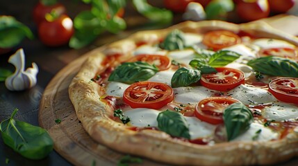 Poster - Freshly baked Margherita pizza topped with ripe tomatoes, creamy mozzarella, and vibrant basil leaves on a wooden serving board, surrounded by ingredients.