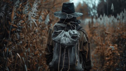Poster - Lone figure in a dark hat with a weathered backpack walking through an autumn landscape filled with tall grasses and warm orange foliage.
