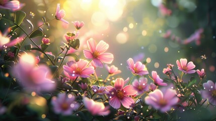 Poster - Soft pink flowers in a vibrant garden bathed in warm sunlight with a dreamy bokeh background creating a serene and enchanting atmosphere.