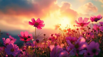 Aufkleber - Sunset over a vibrant field of pink and red cosmos flowers with soft vintage tones illuminating the sky creating a serene natural landscape.