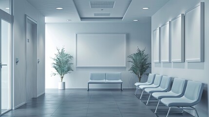 Leinwandbilder - Modern private clinic waiting room featuring minimalist design, light gray walls, white seating, potted plants, and bright overhead lights.