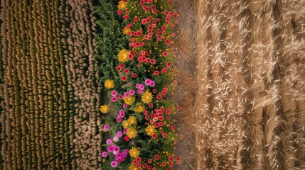 Poster - Aerial view showcasing vibrant flower strip in bright pink, yellow, and green amidst golden barley and harvested potato fields creating functional agrobiodiversity