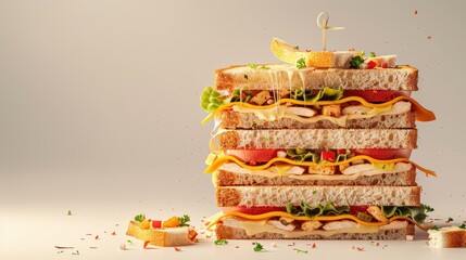 Poster - Delicious club sandwich stacked with layers of chicken, cheese, lettuce, and tomato on multigrain bread against a soft gray background.