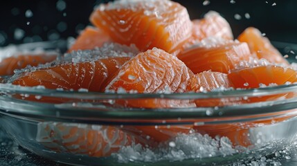 Poster - Close-up of vibrant pink salmon pieces sprinkled with coarse sea salt in a clear glass bowl on a dark background with soft focus effect