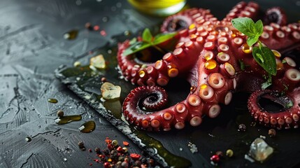 Aufkleber - Galician cooked octopus leg on black slate with olive oil and spices garnished with fresh basil and colorful pepper on dark textured background