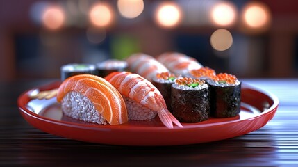 Poster - Sushi assortment on vibrant red dish featuring salmon nigiri, shrimp, and colorful sushi rolls arranged elegantly against a soft blurred background.