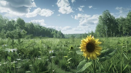 Aufkleber - A vibrant sunflower stands prominently in a lush green field under a blue sky with scattered clouds, surrounded by diverse plants and trees.