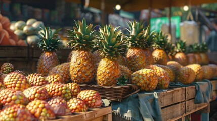 Poster - Vibrant fruit market stall featuring ripe golden pineapples and colorful apples arranged on wooden crates under warm sunlight creating a lively scene
