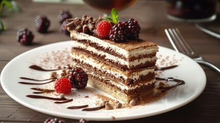 Poster - Delicious chocolate layer cake slice on a white plate garnished with raspberries and blackberries on a rustic wooden table.