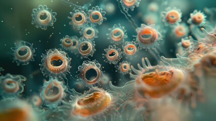 Poster - Microscopic view of sea urchin embryos undergoing cell division, featuring translucent spherical cells with orange interiors on a soft-focus background.