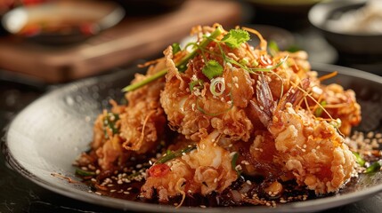 Aufkleber - Crispy fried seafood piled on a black plate garnished with herbs and sesame seeds, drizzled with rich sauce, set against a dark background.