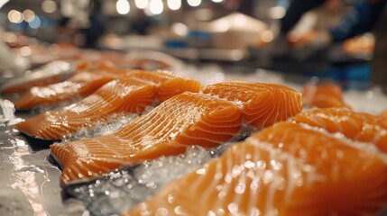 Poster - Fresh salmon fillets displayed on a silver counter with ice, vibrant orange colors, softly blurred background with warm lights creating ambiance.