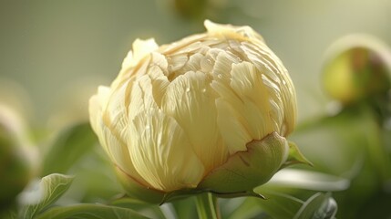 Aufkleber - Soft yellow peony bud surrounded by lush green foliage with a blurred background creating a peaceful nature scene ideal for floral themes.