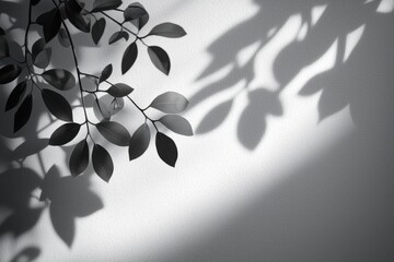 Poster - Elegant monochrome composition of leaves and their shadows on a textured white wall, creating a minimalist and serene atmosphere, perfect for background or decorative purposes.