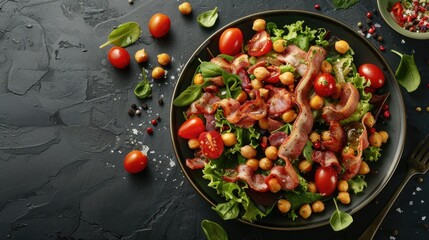 Poster - Salad with chickpeas bacon and cherry tomatoes on a black plate with dark textured background garnished with spices and fresh greens