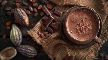 Poster - Organic cocoa drink in rustic cup with brown cocoa beans and dark chocolate pieces on burlap, earthy tones, top view.