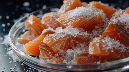 Poster - Fresh salmon fillets sprinkled with coarse sea salt in a clear glass bowl against a dark background with scattered salt crystals visible.