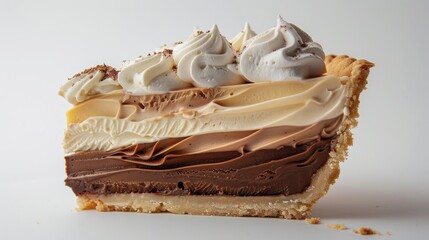 Poster - Layered ice cream pie with creamy chocolate, vanilla, and mocha fillings in a golden crust showcased against a plain background, emphasizing textures.