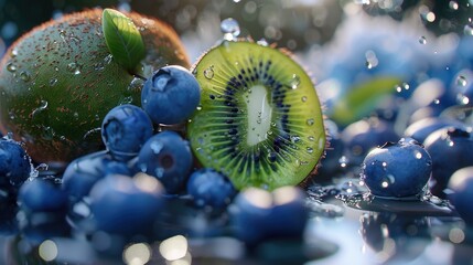 Poster - Fresh kiwi slice with blueberries in vibrant colors surrounded by water droplets creating a refreshing fruit composition on a blurred background.