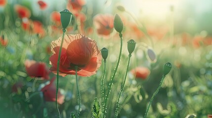 Aufkleber - Vibrant red poppy flowers accentuated in a soft focus field with green stems and buds basking in warm sunlight creating an ethereal atmosphere