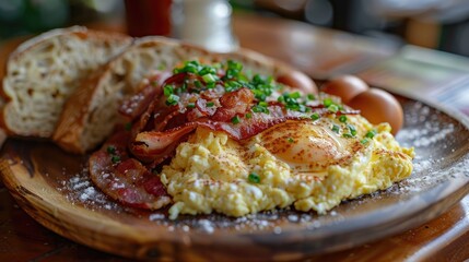 Poster - Breakfast plate featuring scrambled eggs with crispy bacon and toasted sourdough slices, adorned with green onions, on a rustic wooden table.