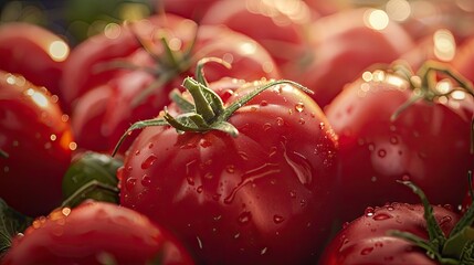 Aufkleber - Close up of vibrant red Amish paste tomatoes with droplets reflecting light, positioned centrally on a blurred green background.