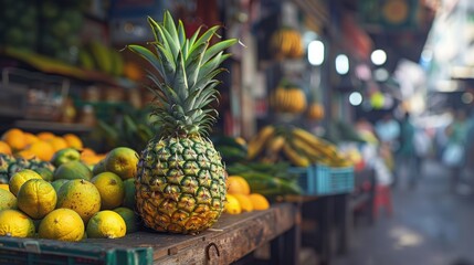 Poster - Ripe pineapple positioned centrally on a wooden market stall surrounded by vibrant yellow lemons and bananas with a blurred market background.