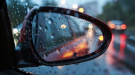 Poster - Car side mirror reflecting blurred lights on a rainy night with raindrops on the glass, creating a bokeh effect in the background.