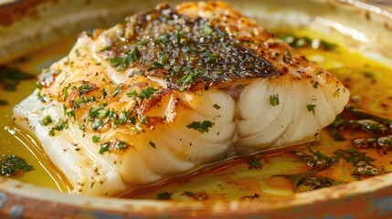 Poster - Deliciously plated codfish fillet garnished with fresh herbs in a rustic dish featuring rich golden olive oil hues.