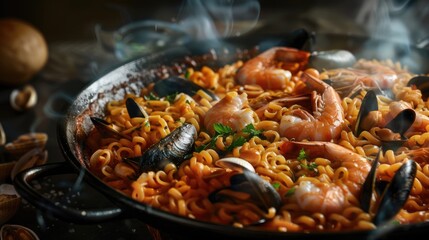 Poster - Seafood noodle paella with shrimp and mussels in a black pan on a wooden table garnished with parsley and steam rising from colorful noodles