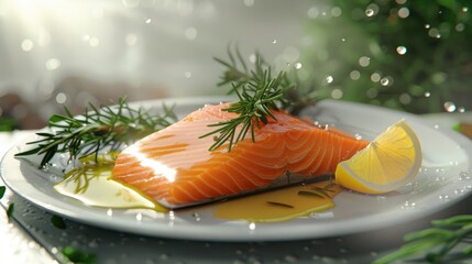 Poster - Baked salmon fillet garnished with fresh rosemary and lemon slice on a white plate drizzled with honey against a soft light background