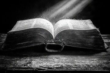 Poster - An old, open book resting on a weathered wooden surface, illuminated by light rays, creating a sense of mystery and knowledge in a monochrome setting, evoking history.