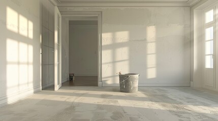Leinwandbilder - Elegant sunlit room under renovation with muted gray flat drywall walls, paint bucket at center, showcasing soft shadows and natural light.