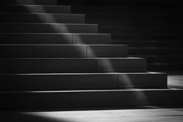 Poster - A monochromatic scene capturing the geometric lines and shadows on a staircase, highlighting the interplay of light and dark in an architectural context.