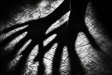 Poster - Abstract image of shadows of two hands, creating a mysterious and artistic monochrome pattern, with a textured background adding depth and visual interest to the composition.