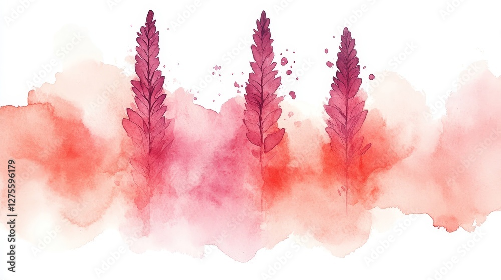 Gentle Watercolor Backdrop with Three Detailed Ink Plants and a Soft, Pastel Color Palette