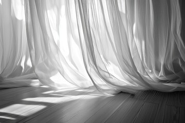 Poster - Dramatic monochrome image of sheer curtains and wooden floor bathed in sunlight, creating a serene and elegant atmosphere perfect for backgrounds and design projects.