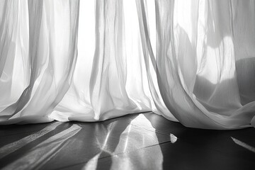 Poster - Sunlight streaming through sheer white curtains, casting shadows on the wooden floor creating a serene and peaceful atmosphere in a minimalist interior.
