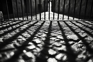 Poster - A dramatic monochrome image of a cobblestone path seen through a metal gate, with strong shadows and textures creating a sense of depth and mystery, capturing the details.
