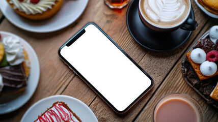 Wall Mural - The problem of obesity and overeating. A phone mockup for the presentation of a mobile application. A cell phone with a white screen lies on a table with a variety of delicious sweet food and drinks